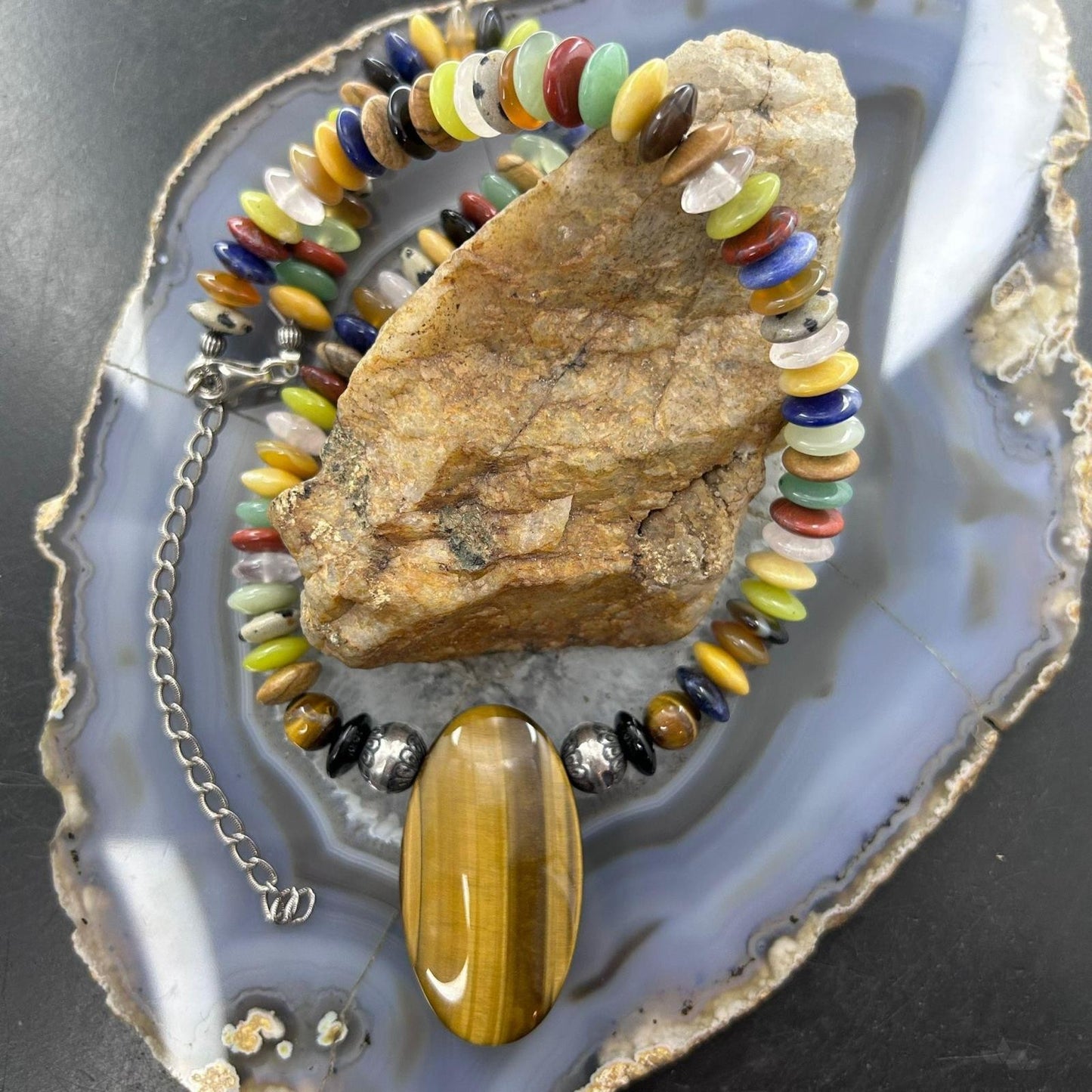 Carolyn Pollack Multi-Gemstone Rondelles Beads w/Large Oval Tiger's Eye Necklace