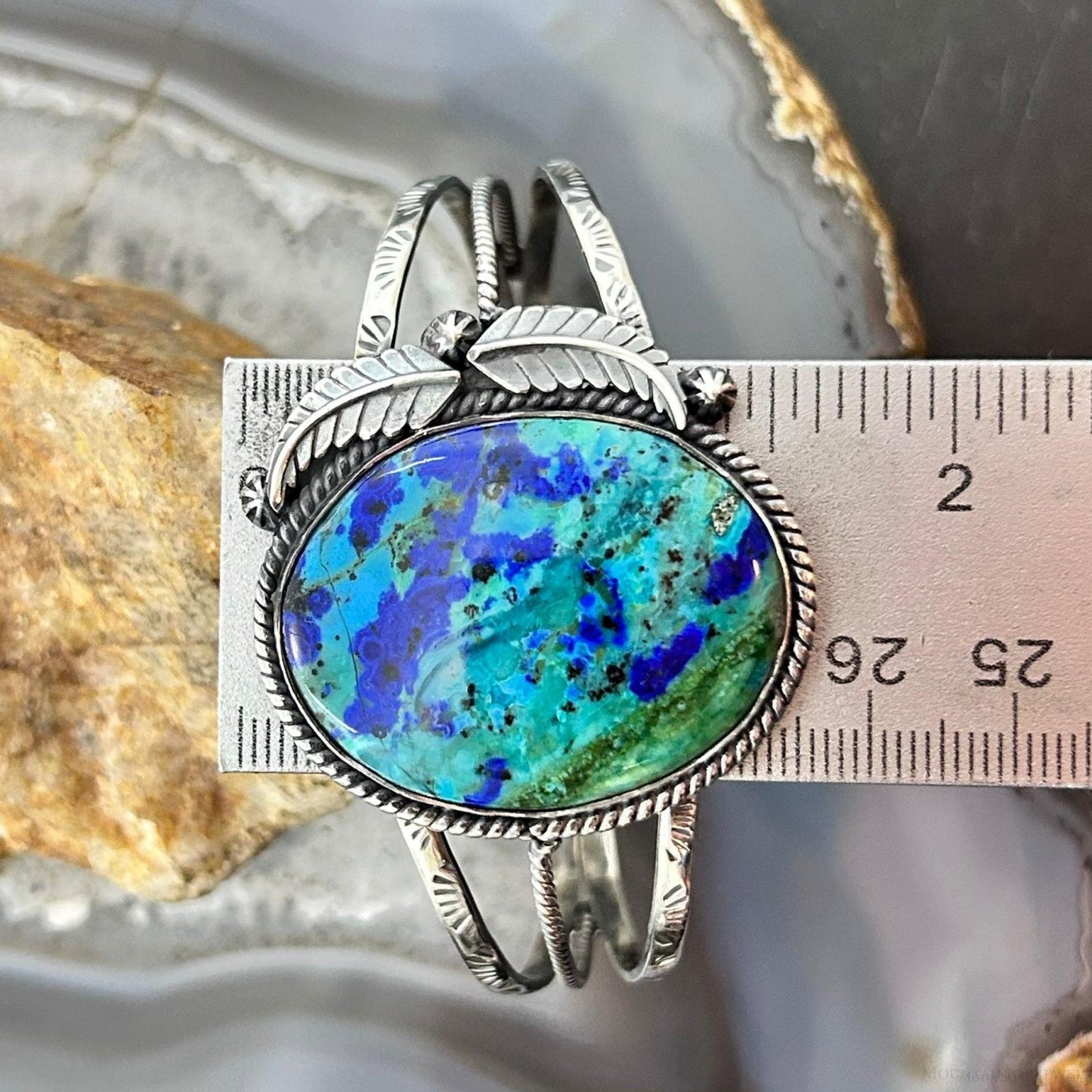 Sterling Silver Southwestern Style Large Oval Azurite Decorated Bracelet For Women