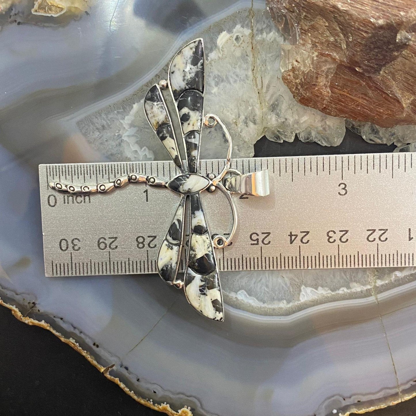 Native American Sterling Silver White Buffalo Inlay Dragonfly Pendant For Women