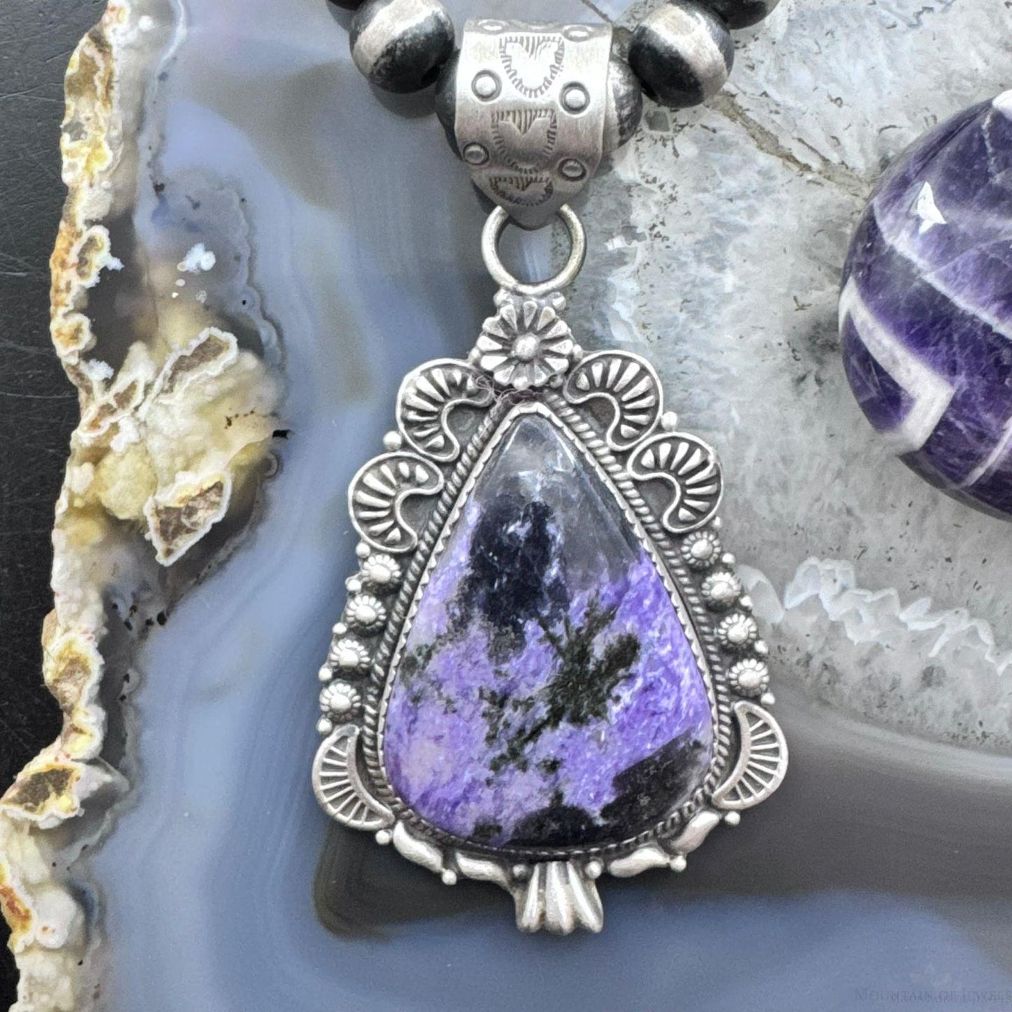 Sterling Silver Southwestern Style Elongated Teardrop Purple Charoite Pendant For Women
