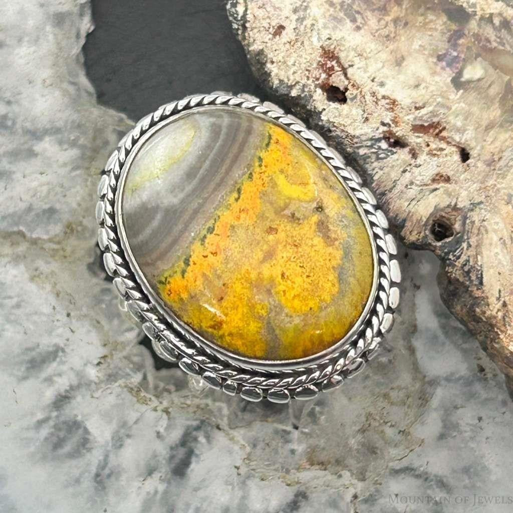 Sterling Silver Southwestern Style Oval Yellow Jasper Decorated Ring Size 6.75 For Women