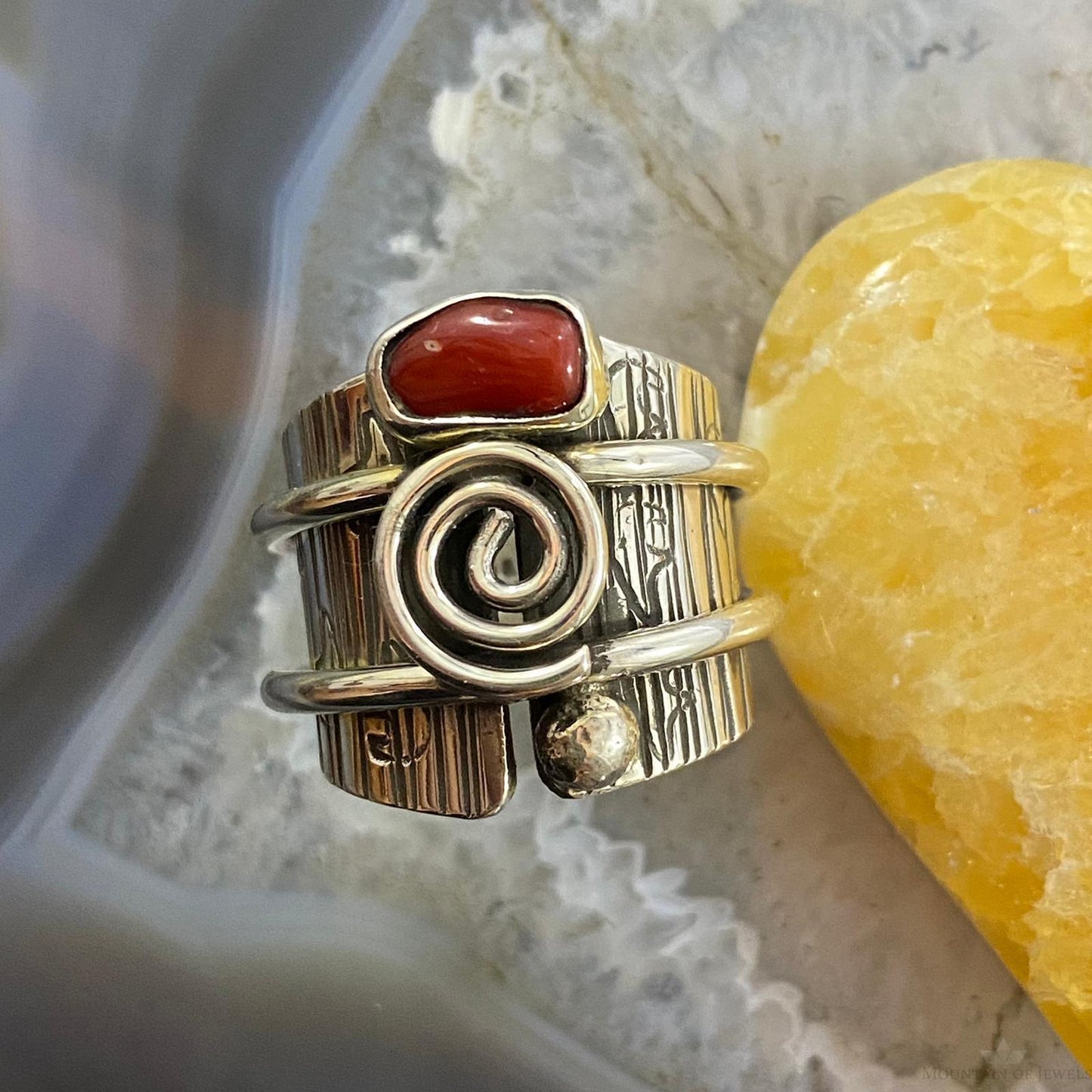 Alex Sanchez Sterling Silver Coral Unique Petroglyph Band Ring Sz 8.75 For Women
