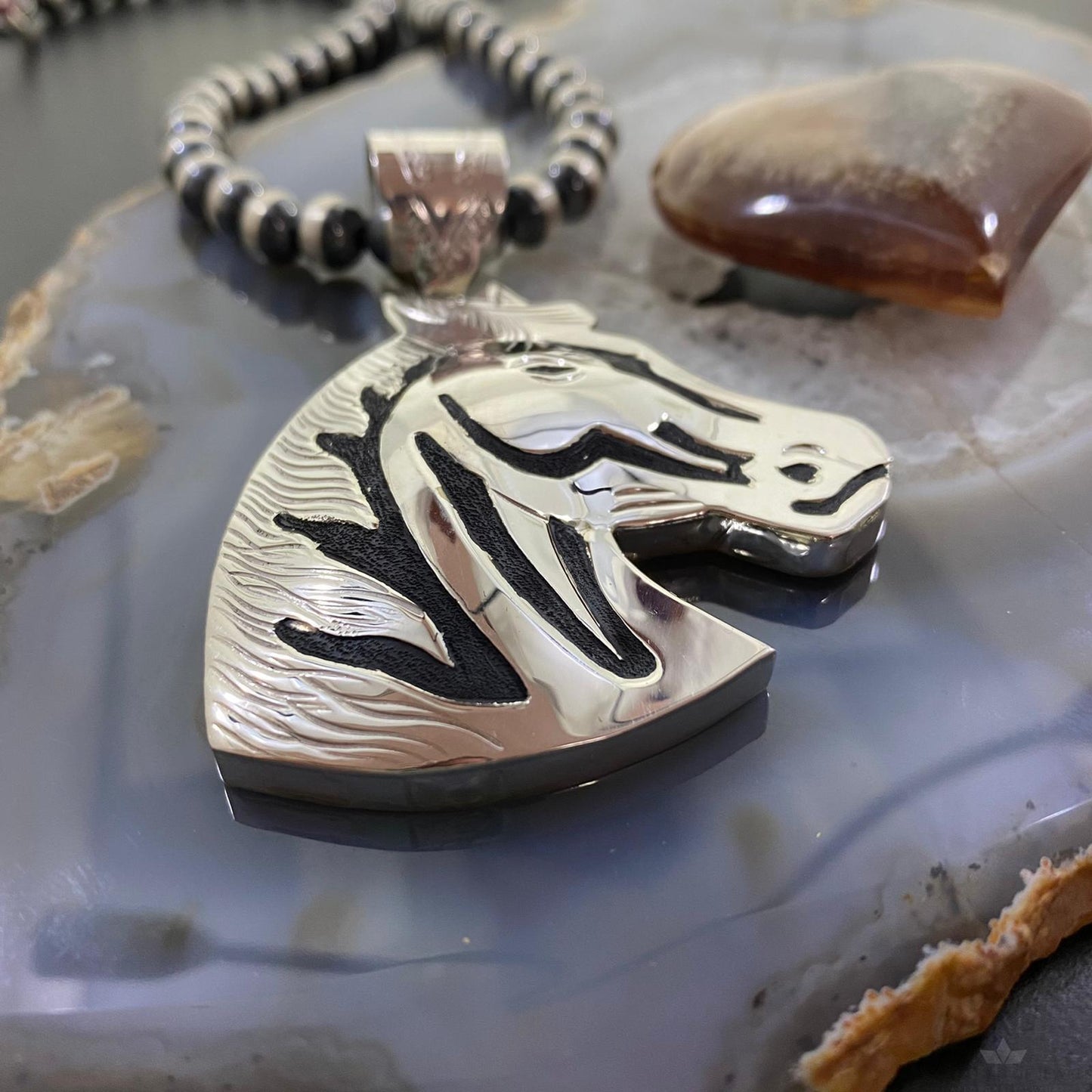 Alonzo Mariano Navajo Sterling Silver Overlay Horse Unisex Pendant Necklace
