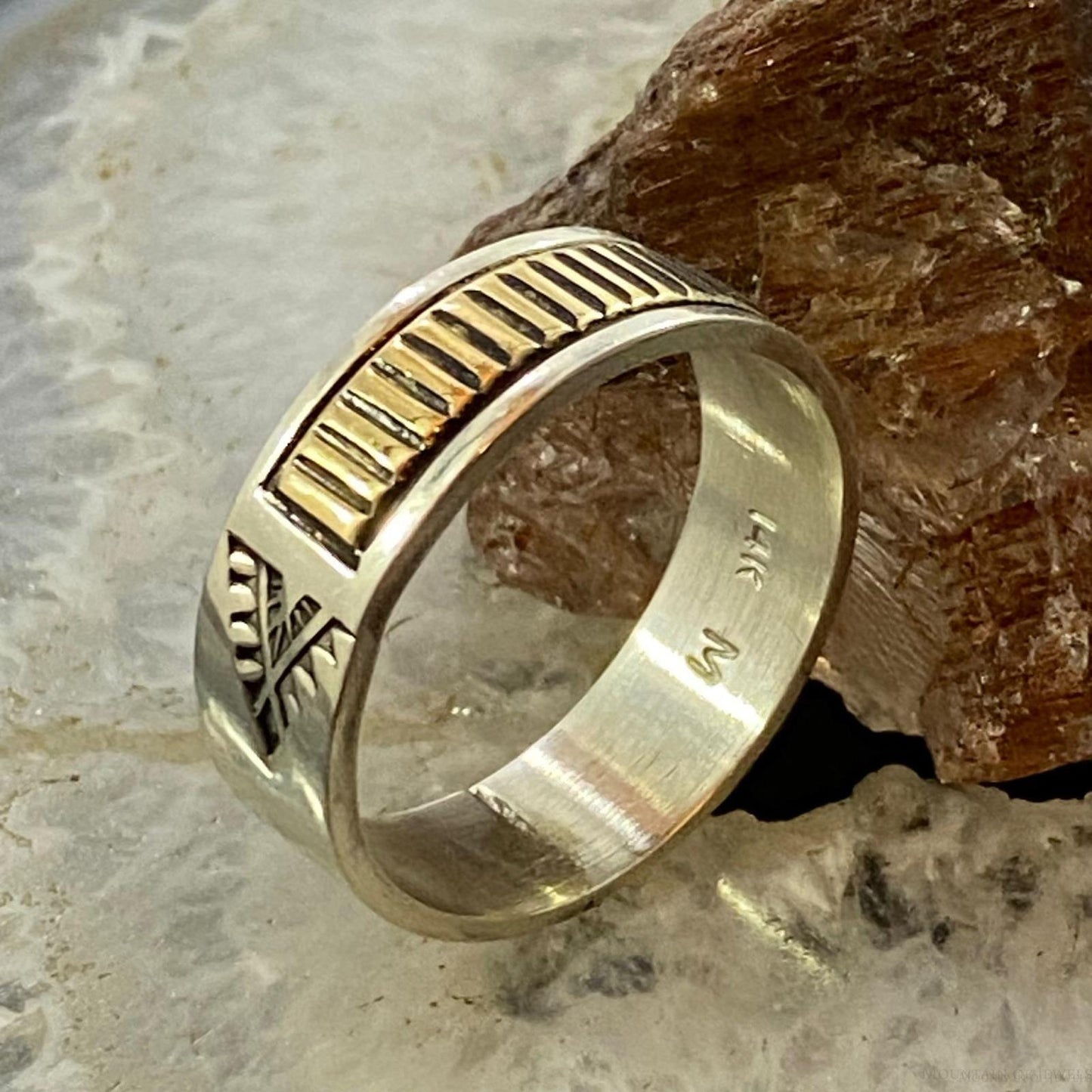Native American Sterling Silver & 14K Yellow Gold Stripes Ring Size 11.5 For Men