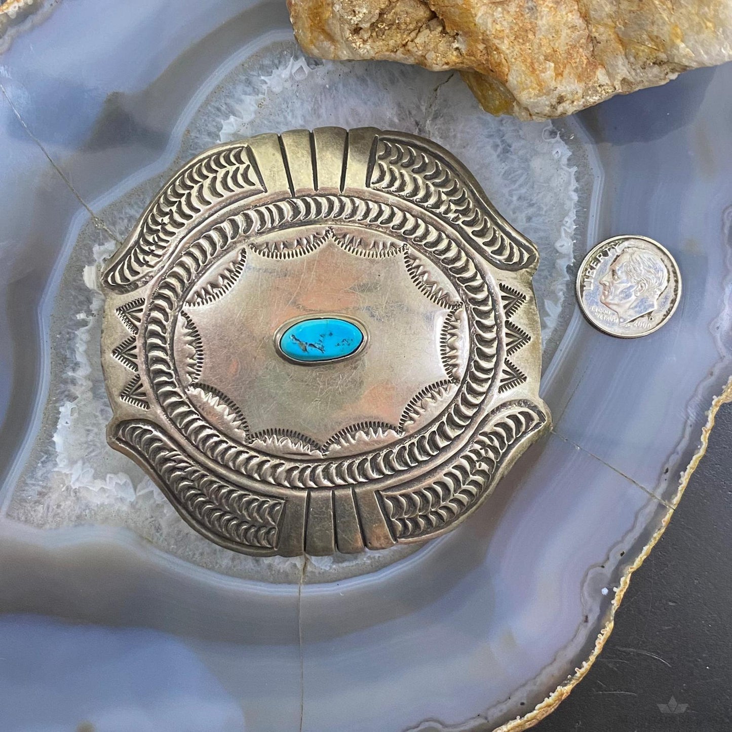Vintage Native American Sterling Silver Heavy Stamped W/Turquoise Belt Buckle