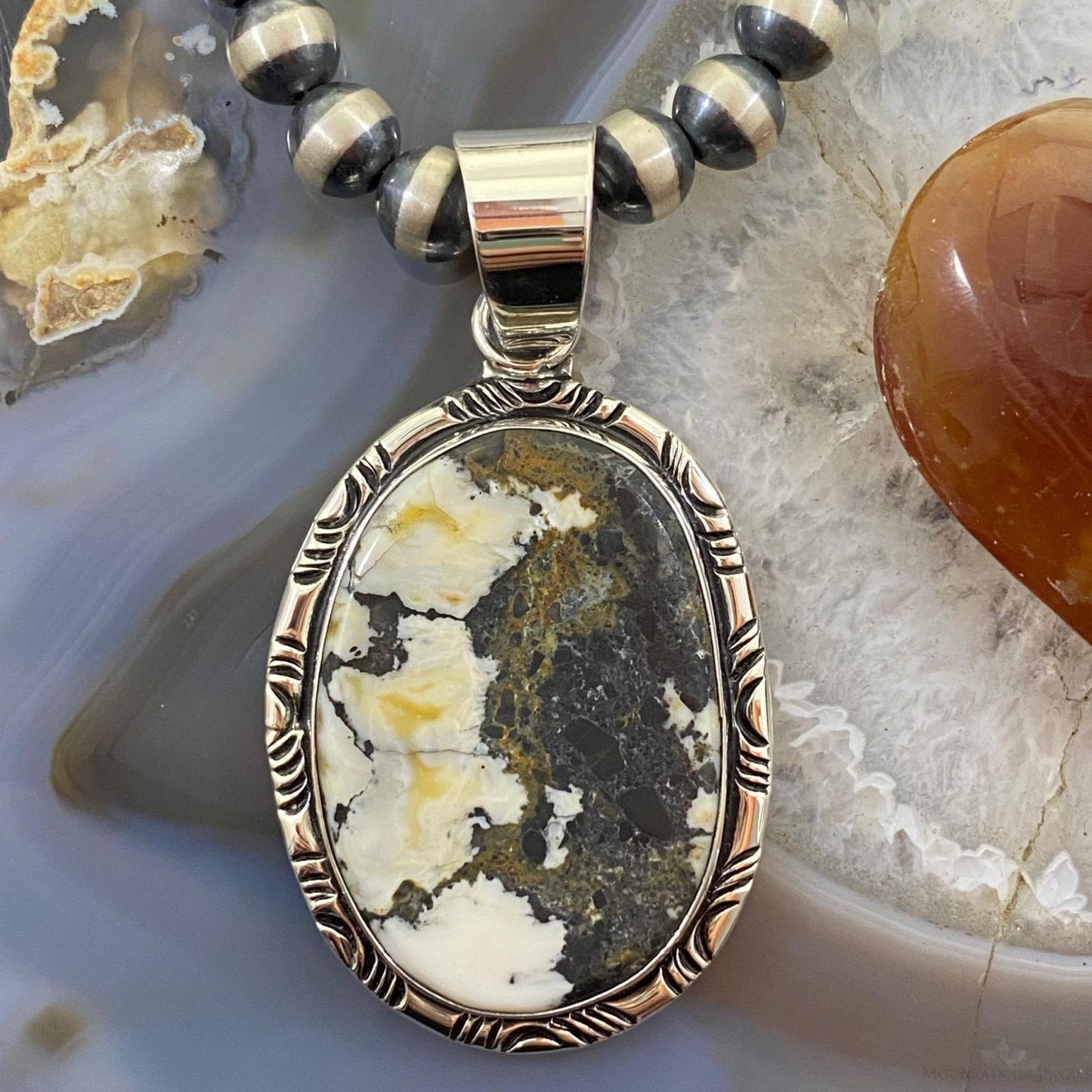 Native American Sterling Silver Oval White Buffalo Unisex Pendant