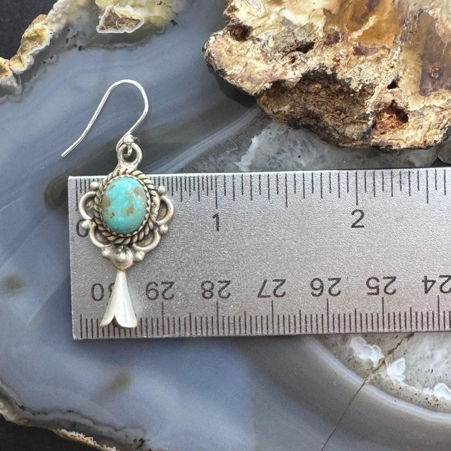 Sterling Silver Southwestern Style Turquoise Squash Blossom Decorated Dangle Earrings For Women