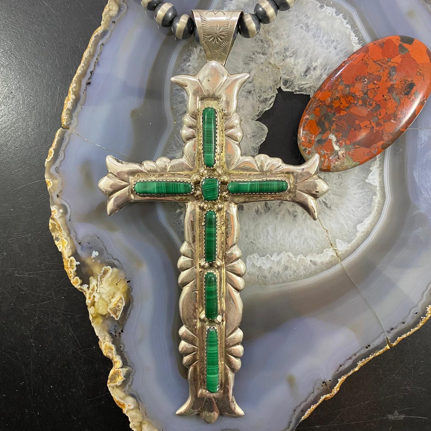 G & L Leekity Vintage Sterling Silver Sandcast Malachite Unisex Cross Pendant