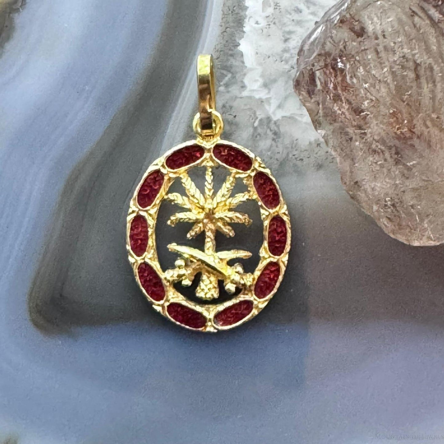 18K Yellow Gold Arab Date Tree with Swords and Red Gem Unisex Pendant