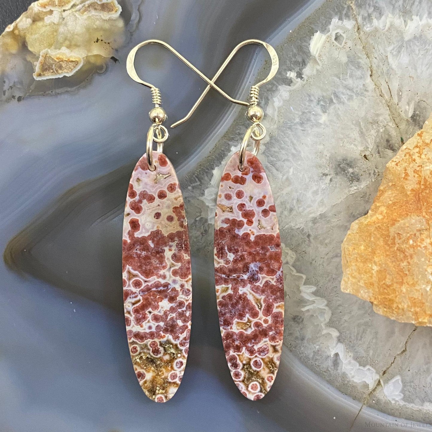 Sterling Silver Oval Red Jasper Slab Dangle Earrings For Women #087