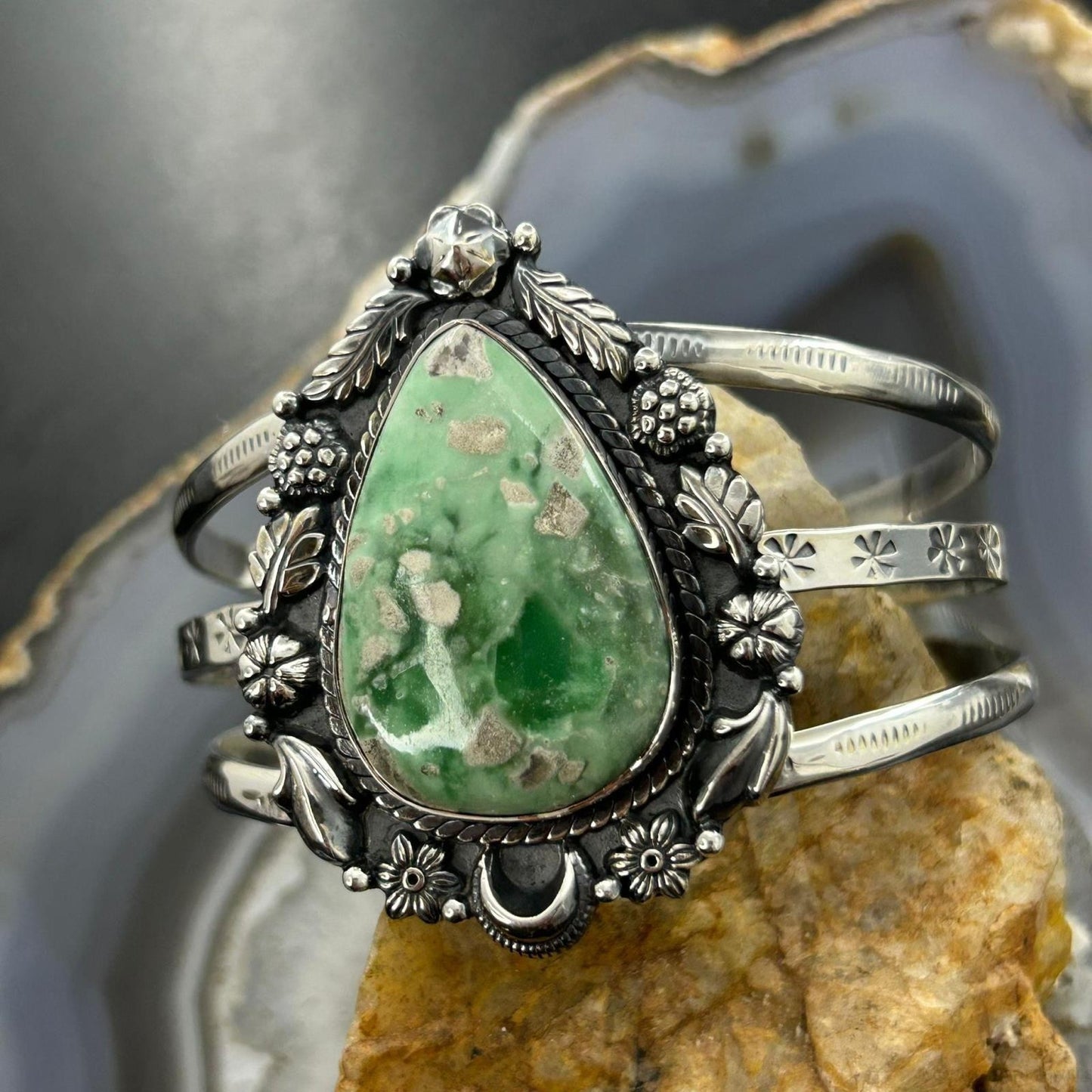 Sterling Silver Southwestern Style Large Teardrop Variscite Bracelet For Women #1