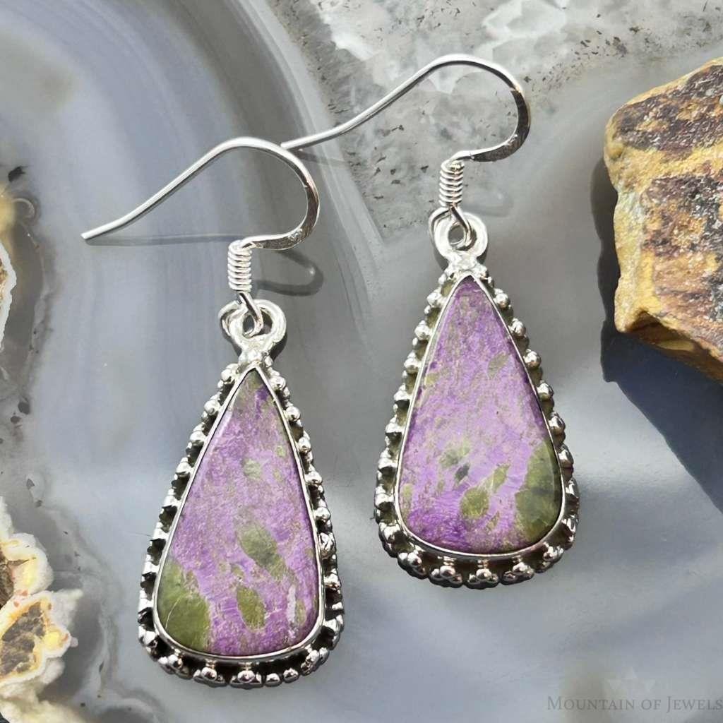 Sterling Silver Southwestern Style Teardrop Stichtite Dangle Earrings For Women