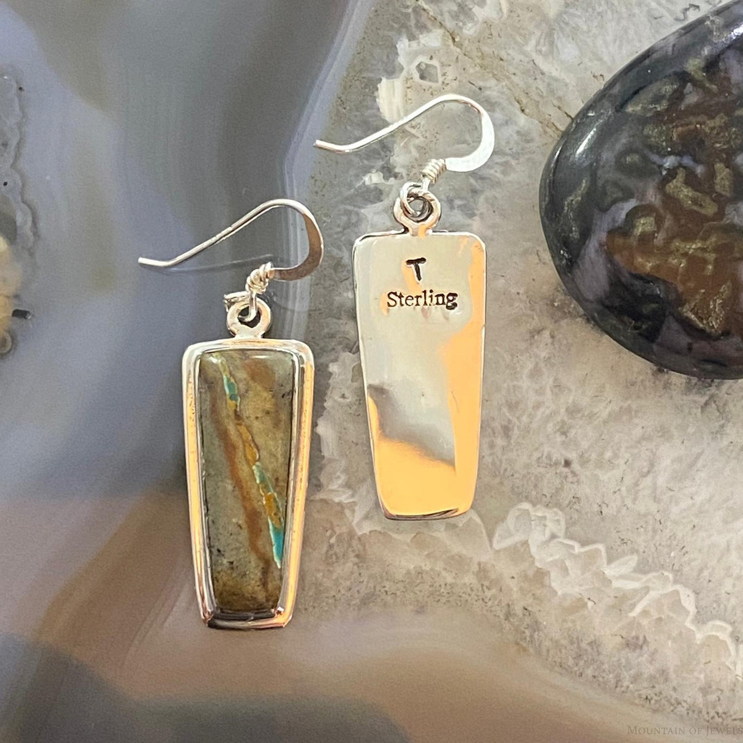 Native American Sterling Trapezoid Boulder Ribbon Turquoise Dangle Earrings #1