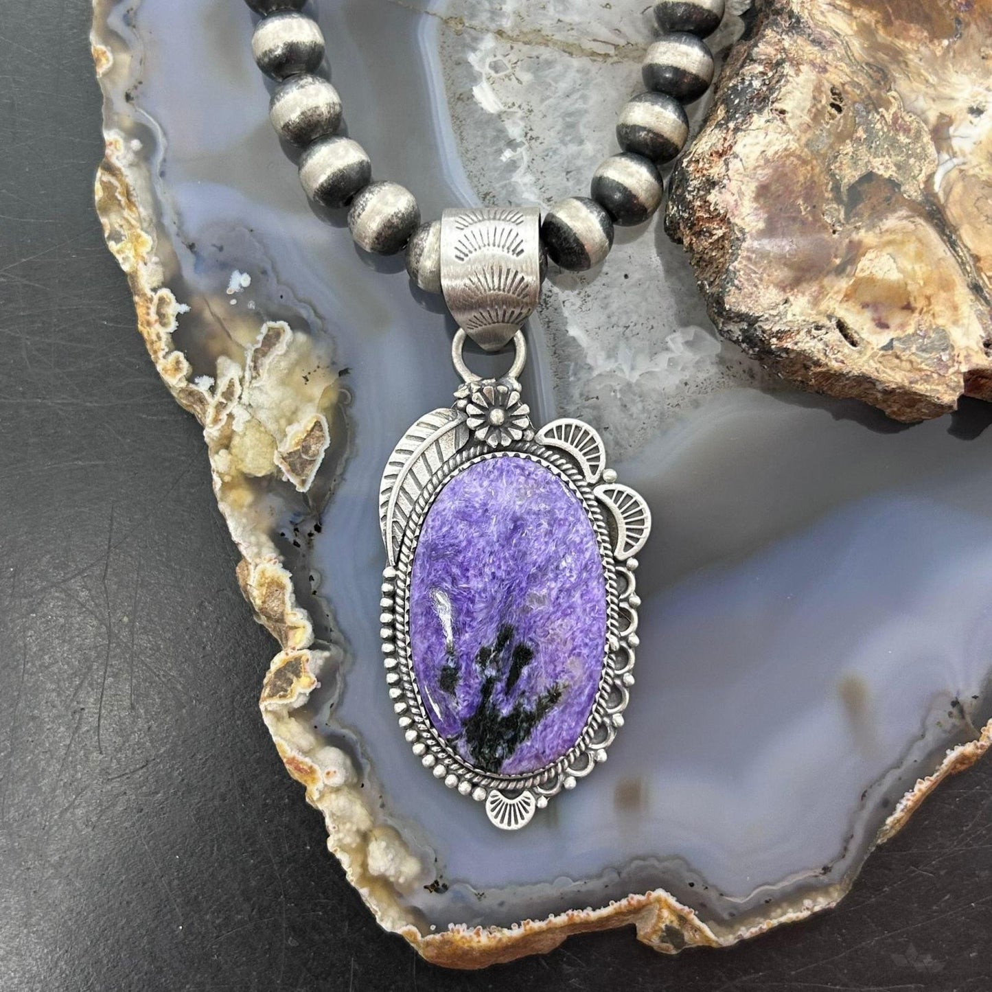 Sterling Silver Southwestern Style Oval Charoite Leaf Decorated Pendant For Women