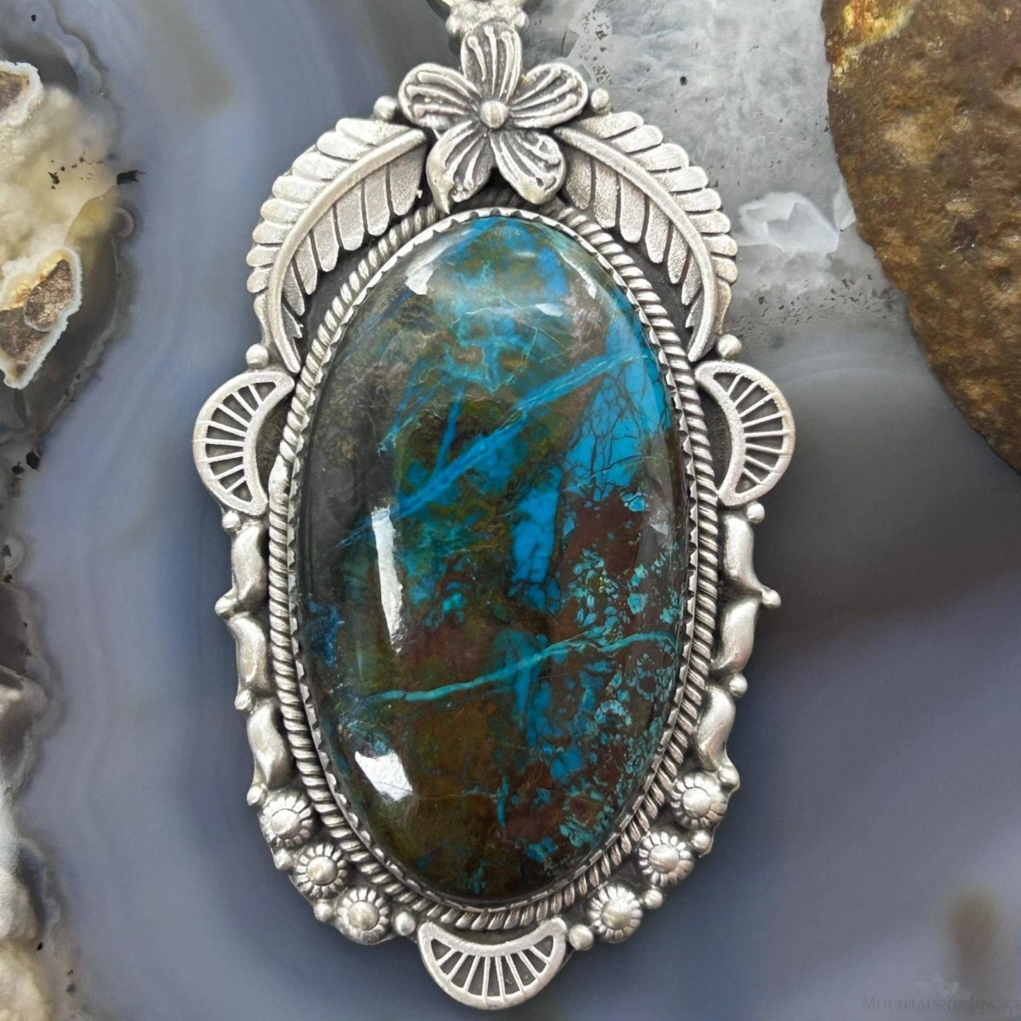 Sterling Silver Southwestern Style Large Oval Shattuckite Pendant For Women