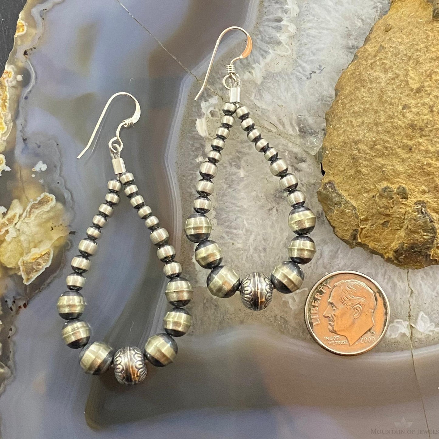 Navajo Pearl Bead Graduated 3-7 mm Sterling Hoop Dangle Earrings For Women