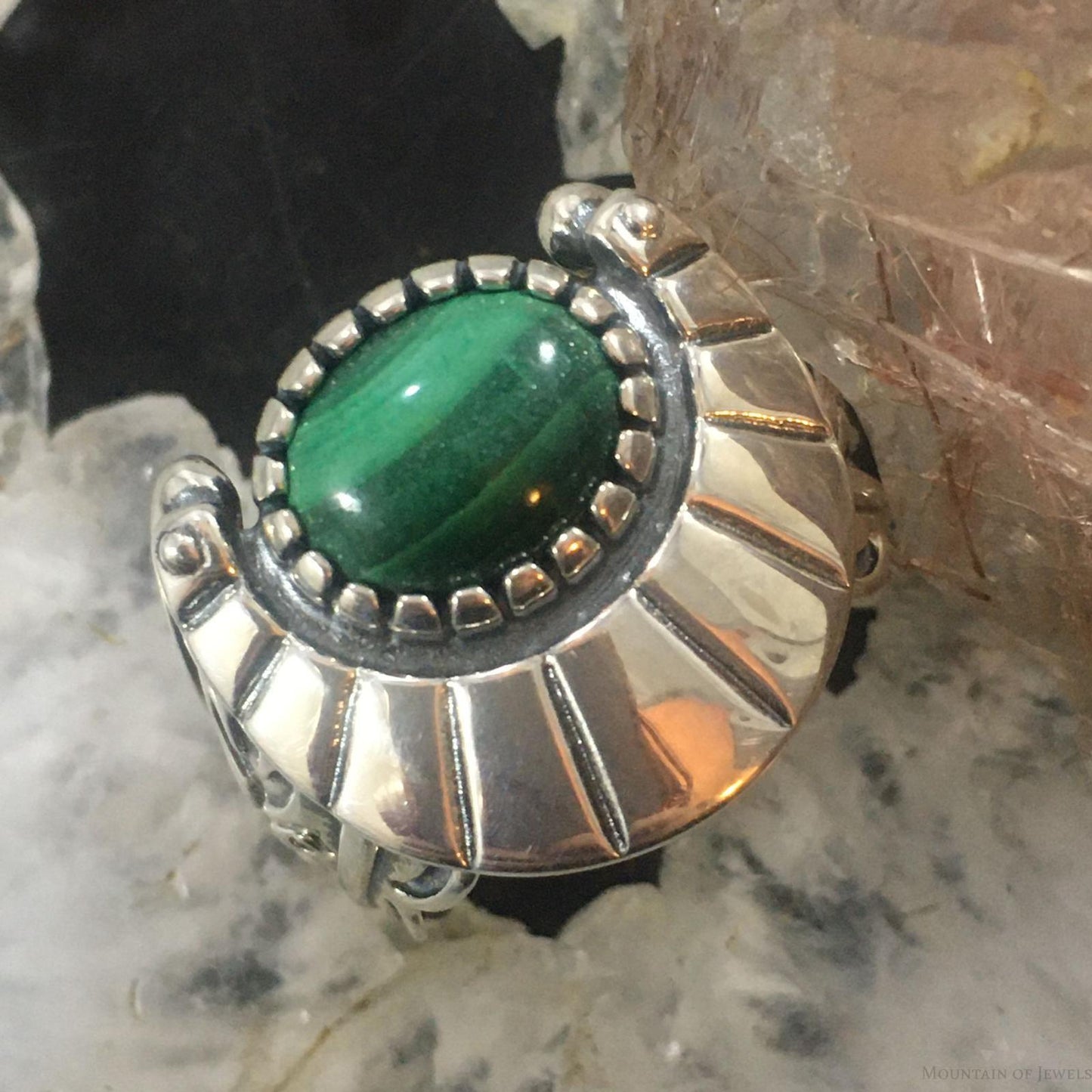 Carolyn Pollack Southwestern Style Sterling Silver Oval Malachite Decorated Ring For Women