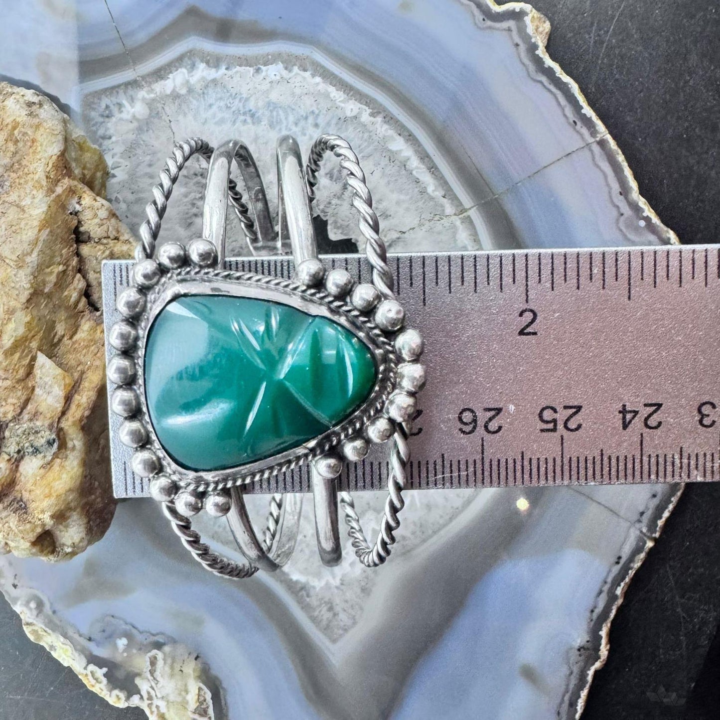 Vintage Mexican Sterling Silver Curved Tribal Mask Face Green Onyx Bracelet For Women