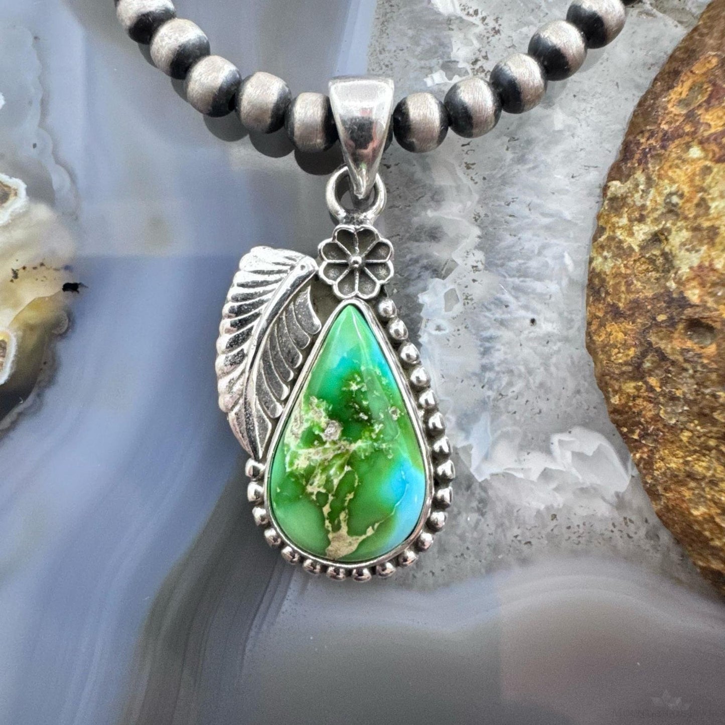 Sterling Silver Southwestern Style Sonora Gold Turquoise Leaf Decorated Pendant For Women
