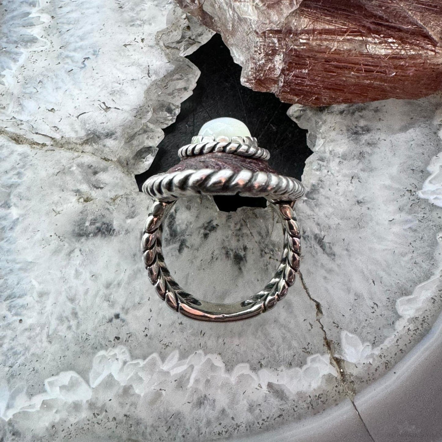 Carolyn Pollack Sterling Silver Oval Moonstone on Tooled Leather Ring Size 5 For Women