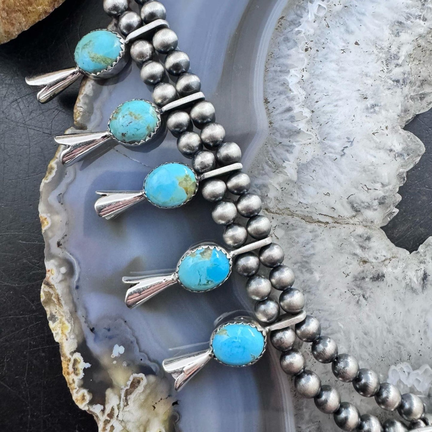 Sterling Silver Southwestern Style Turquoise Squash Blossom 18"-20" Necklace For Women