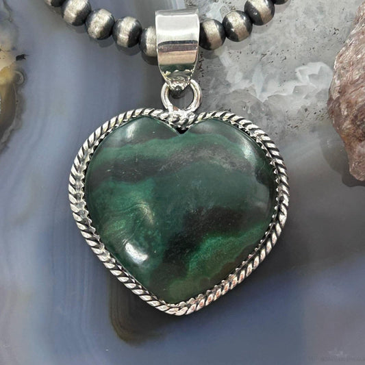 Sterling Silver Southwestern Style Malachite Heart Pendant For Women