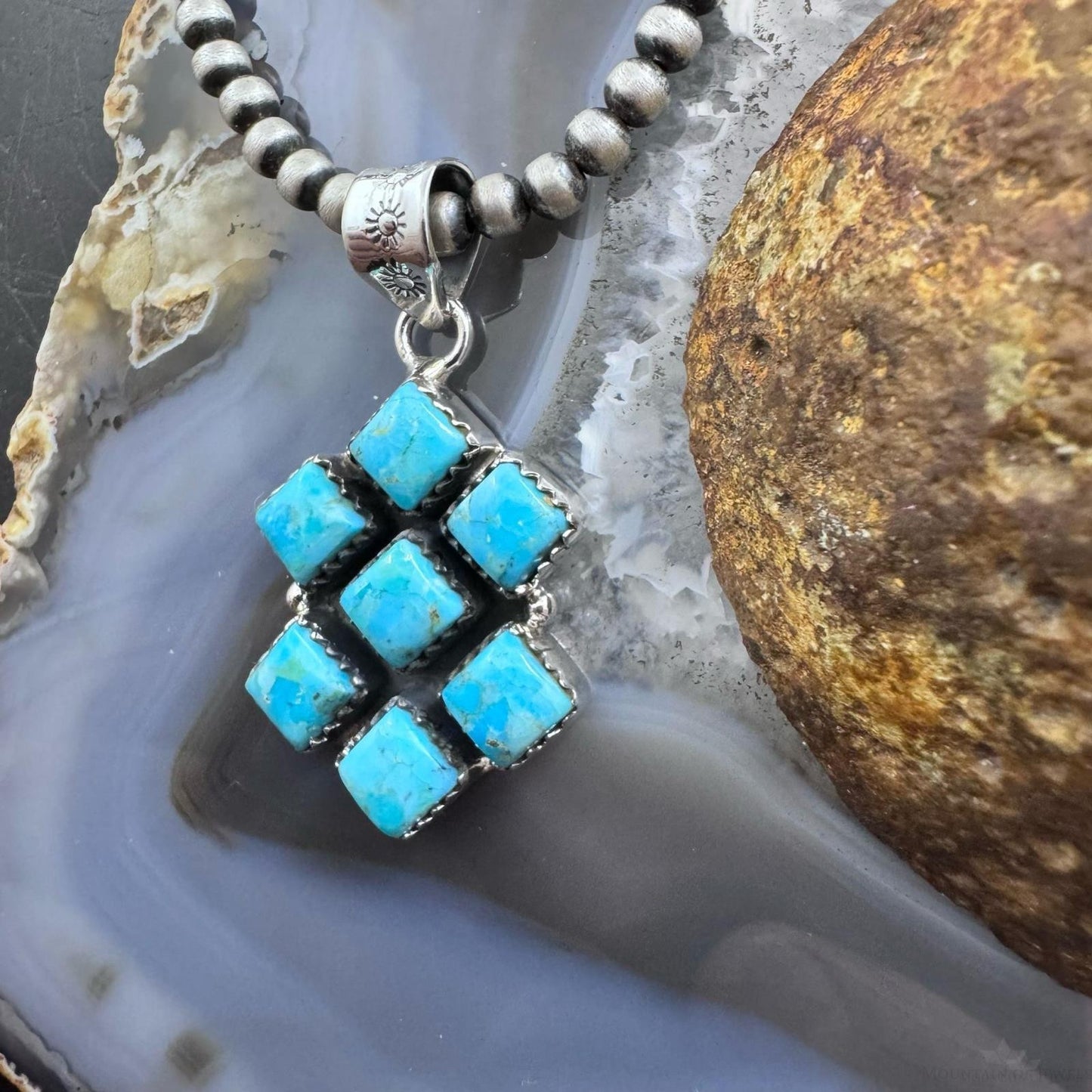 Sterling Silver Southwestern Style 7 SquareTurquoise Pendant For Women