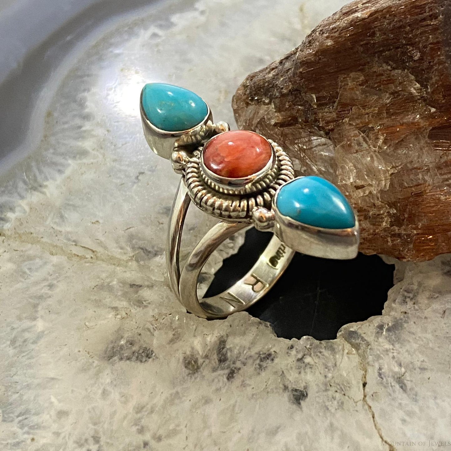 Native American Sterling Round Spiny Oyster Teardrop Kingman Turquoise Size 8.5
