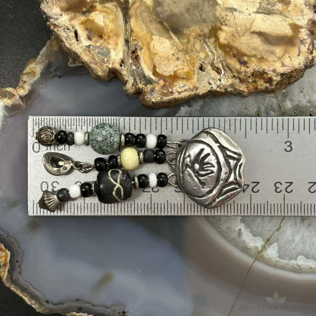 Vintage Sterling Silver Southwestern Roadrunner Beads Dangle Earrings For Women