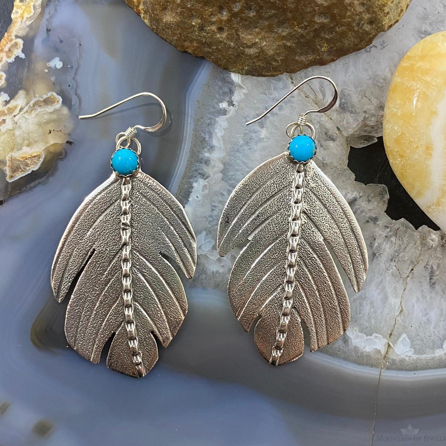 Brad Panteah Sterling Silver Turquoise Feather Texture Dangle Earrings For Women