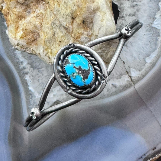 Vintage Native American Silver Oval Turquoise Decorated Split Shank Bracelet For Women