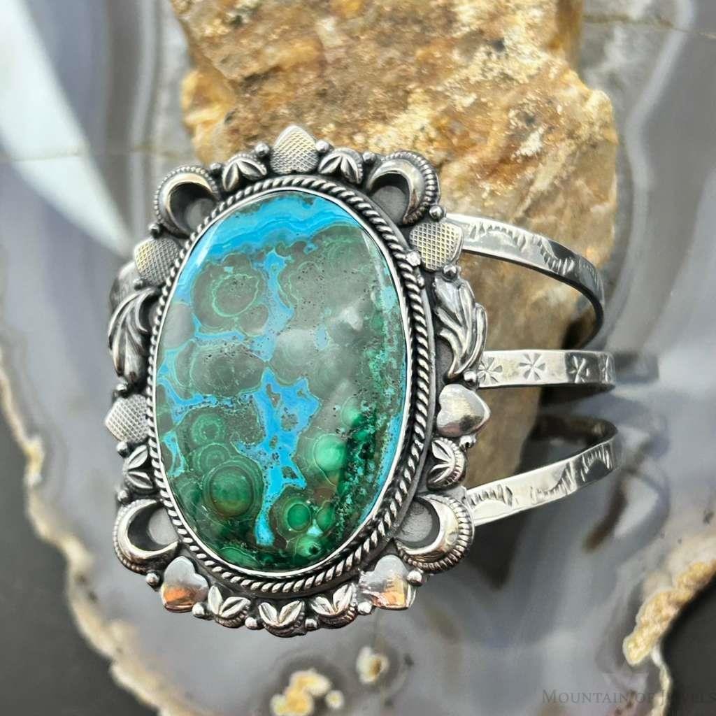 Sterling Silver Southwestern Style Large Oval Azurite Malachite Bracelet For Women