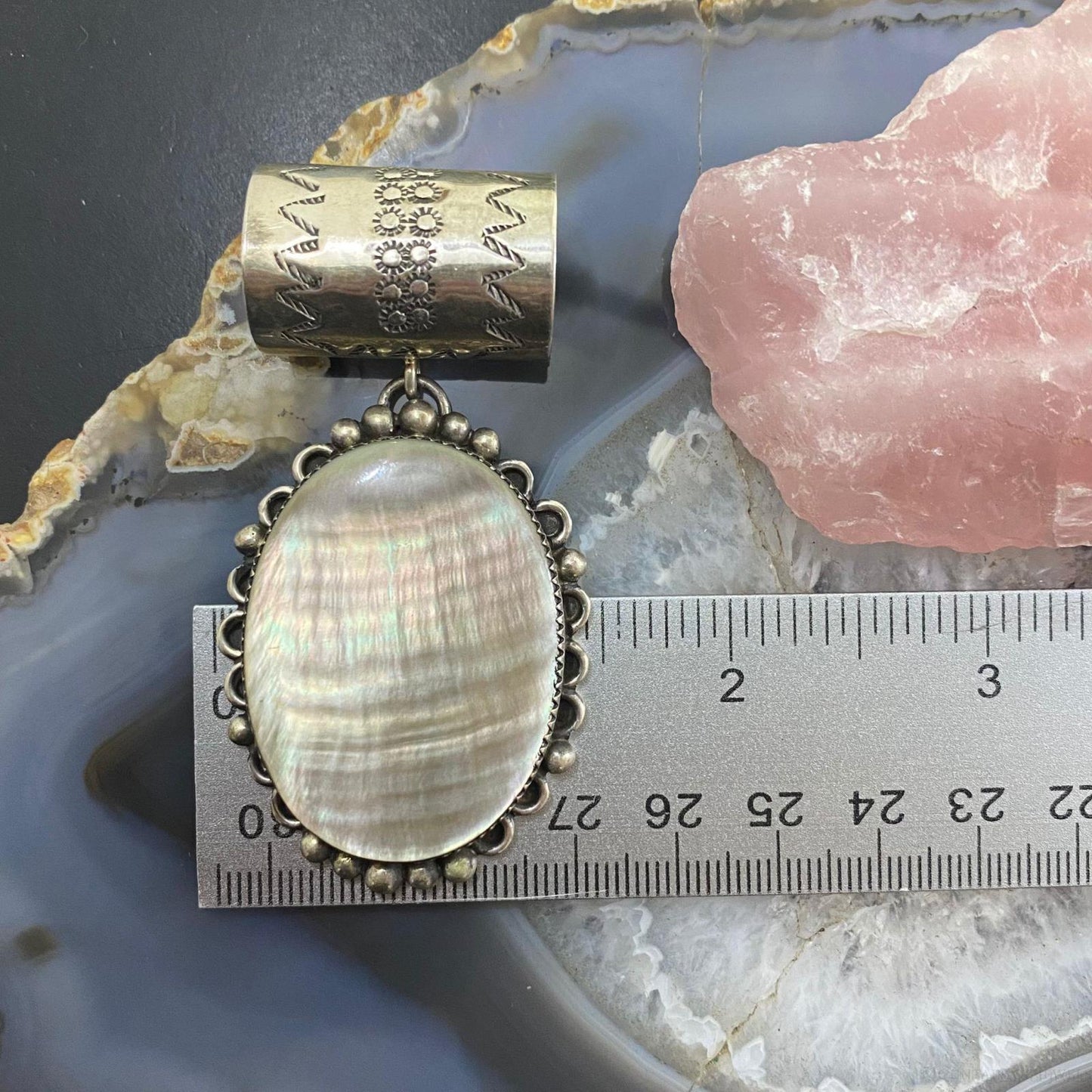 Juan Guerro Native American Sterling Silver Large Mother of Pearl Pendant