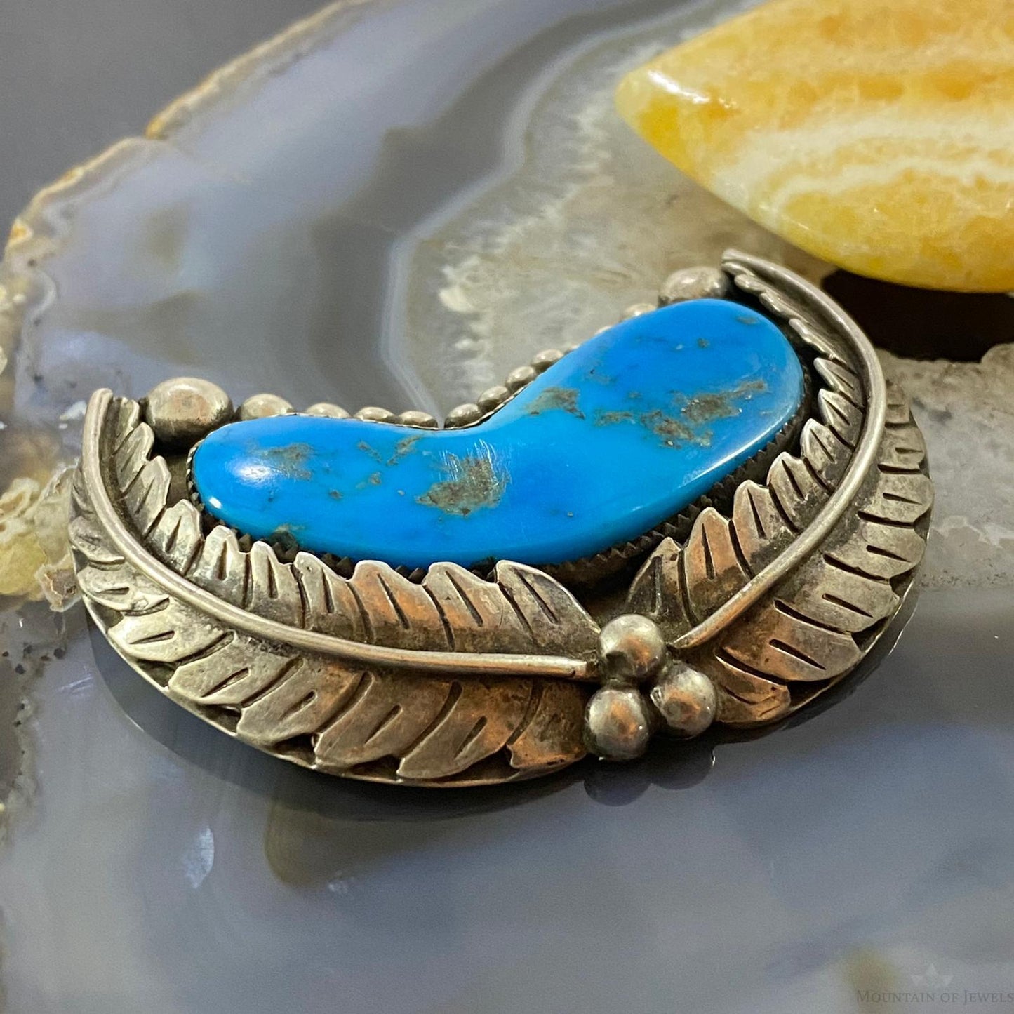 Vintage Native American Silver Turquoise and Leaves Decorated Brooch For Women