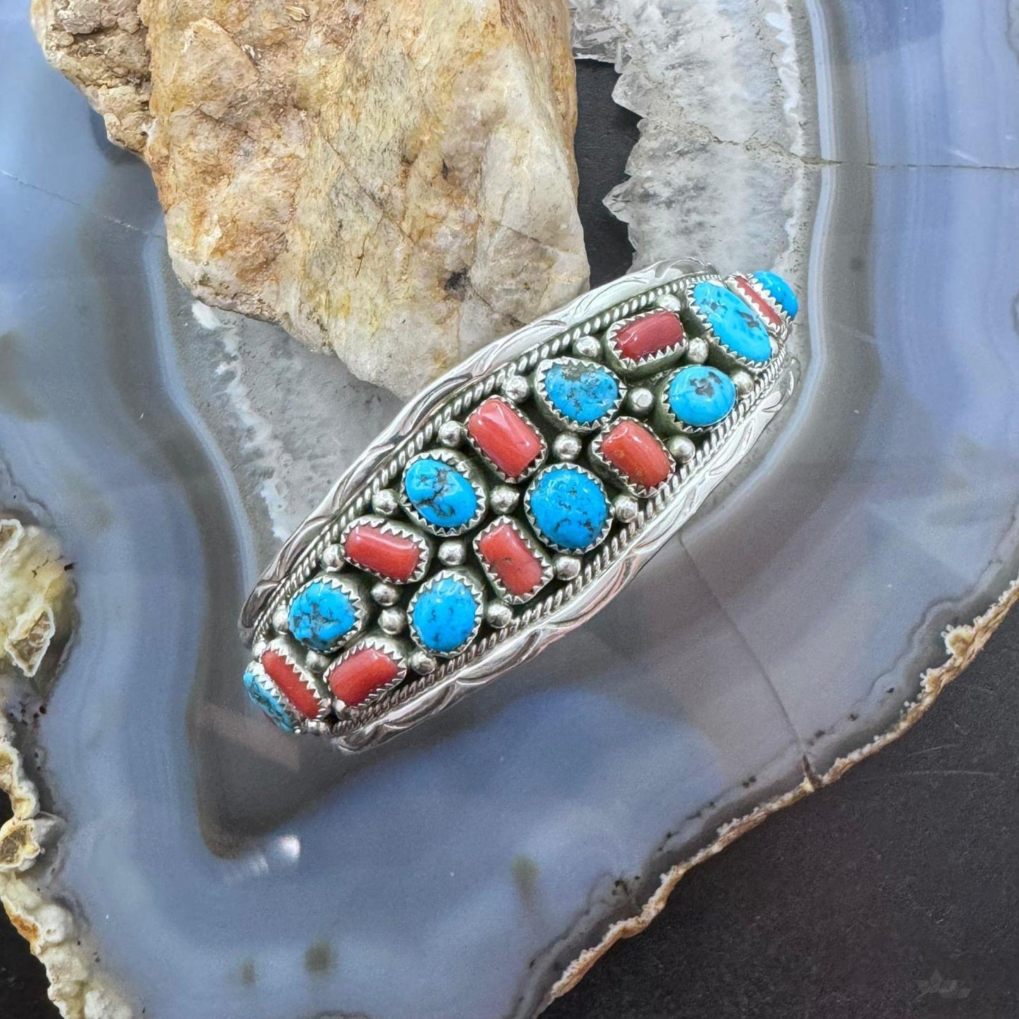 Anita Whitegoat Sterling Silver Rough Turquoise & Coral Bracelet For Women