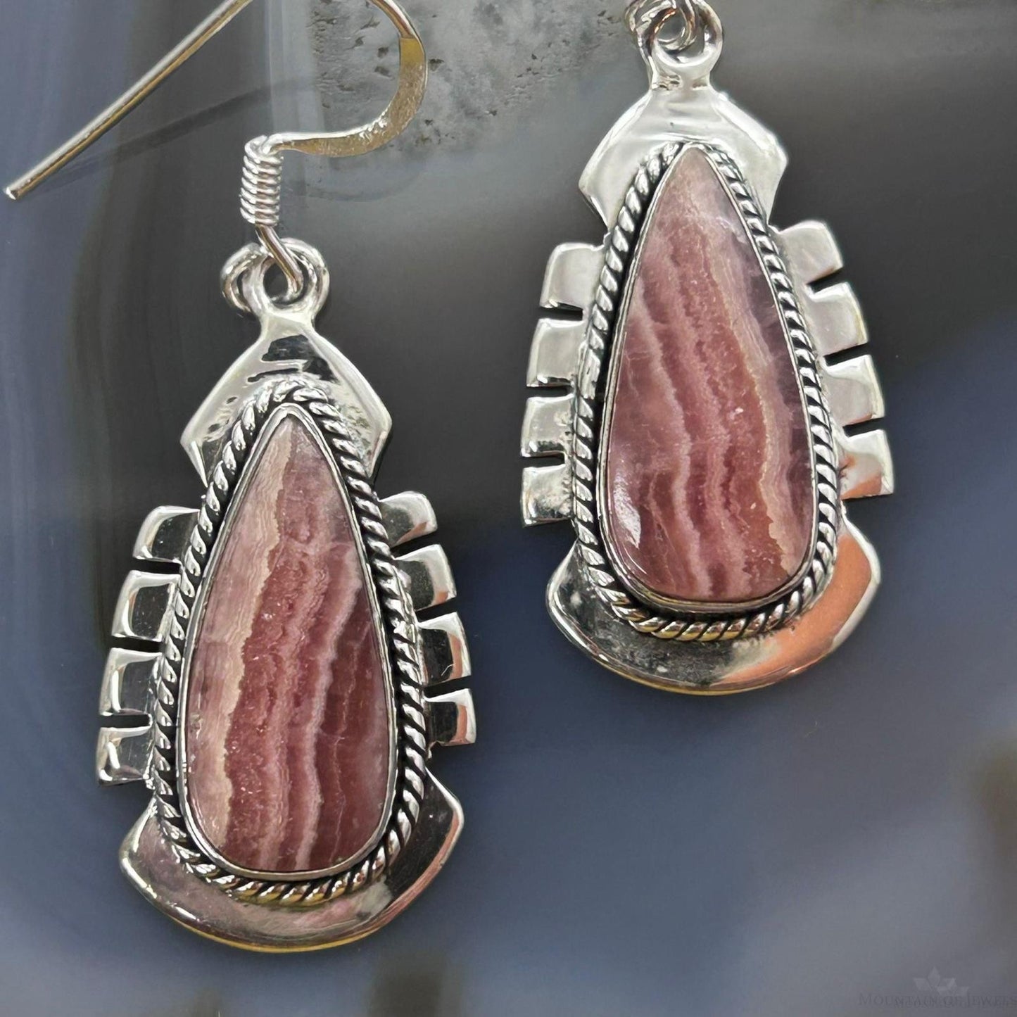 Sterling Silver Southwestern Style Teardrop Rhodochrosite Dangle Earrings For Women