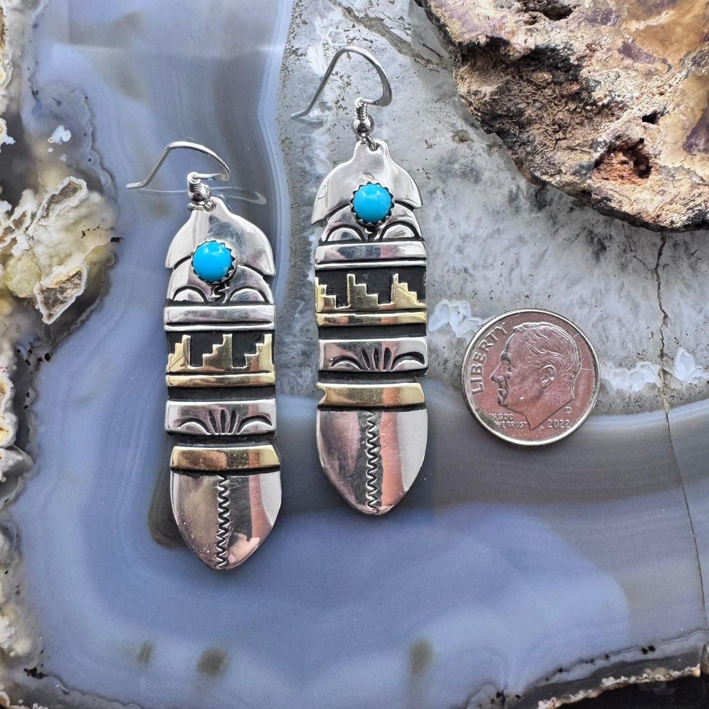 Tommy & Rosita Singer Sterling Silver & Gold Filled Dot Turquoise Feather Dangle Earrings For Women
