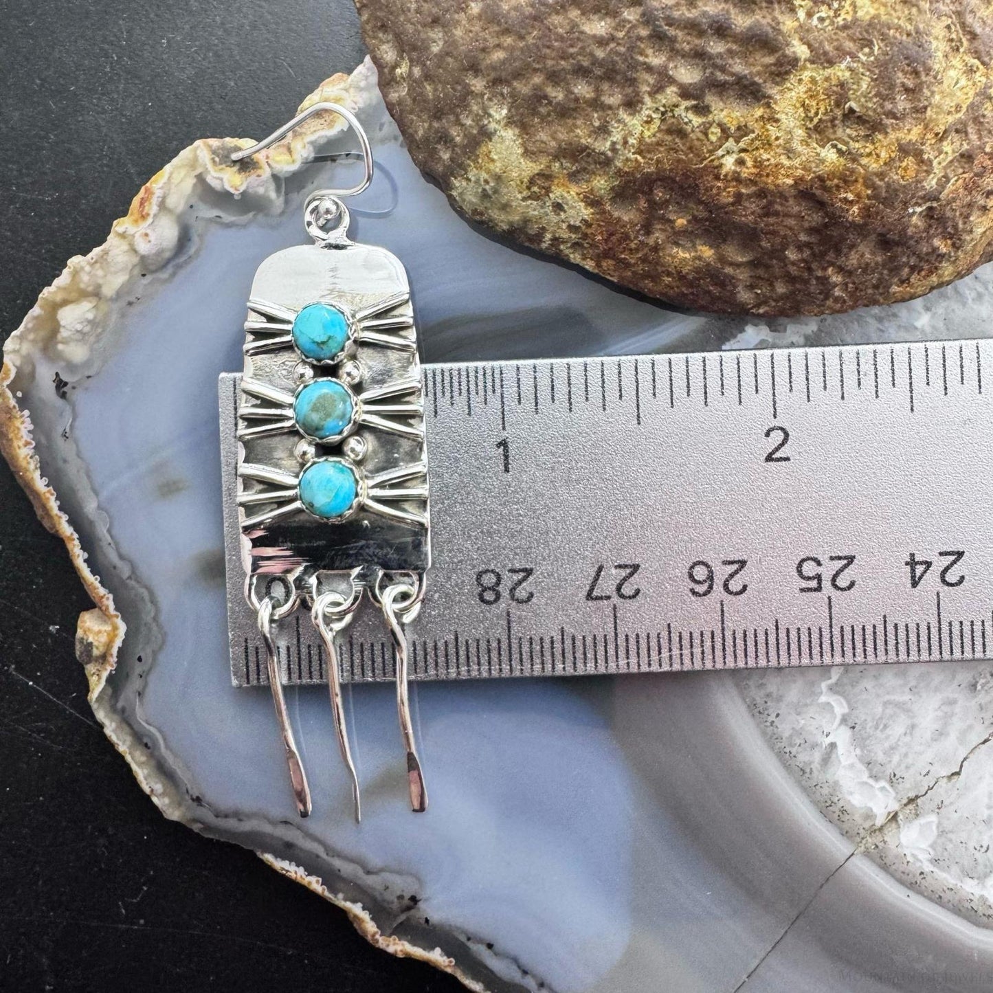 Sterling Silver Southwestern Style 3 Rounded Turquoise Tassel Dangle Earrings For Women
