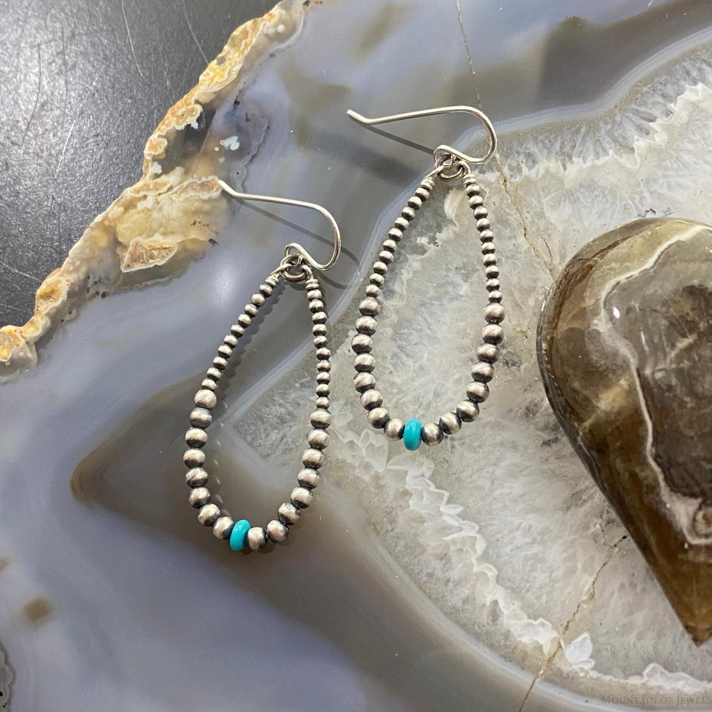 Graduated Navajo Pearl Beads & Turquoise Sterling Silver Dangle Earrings