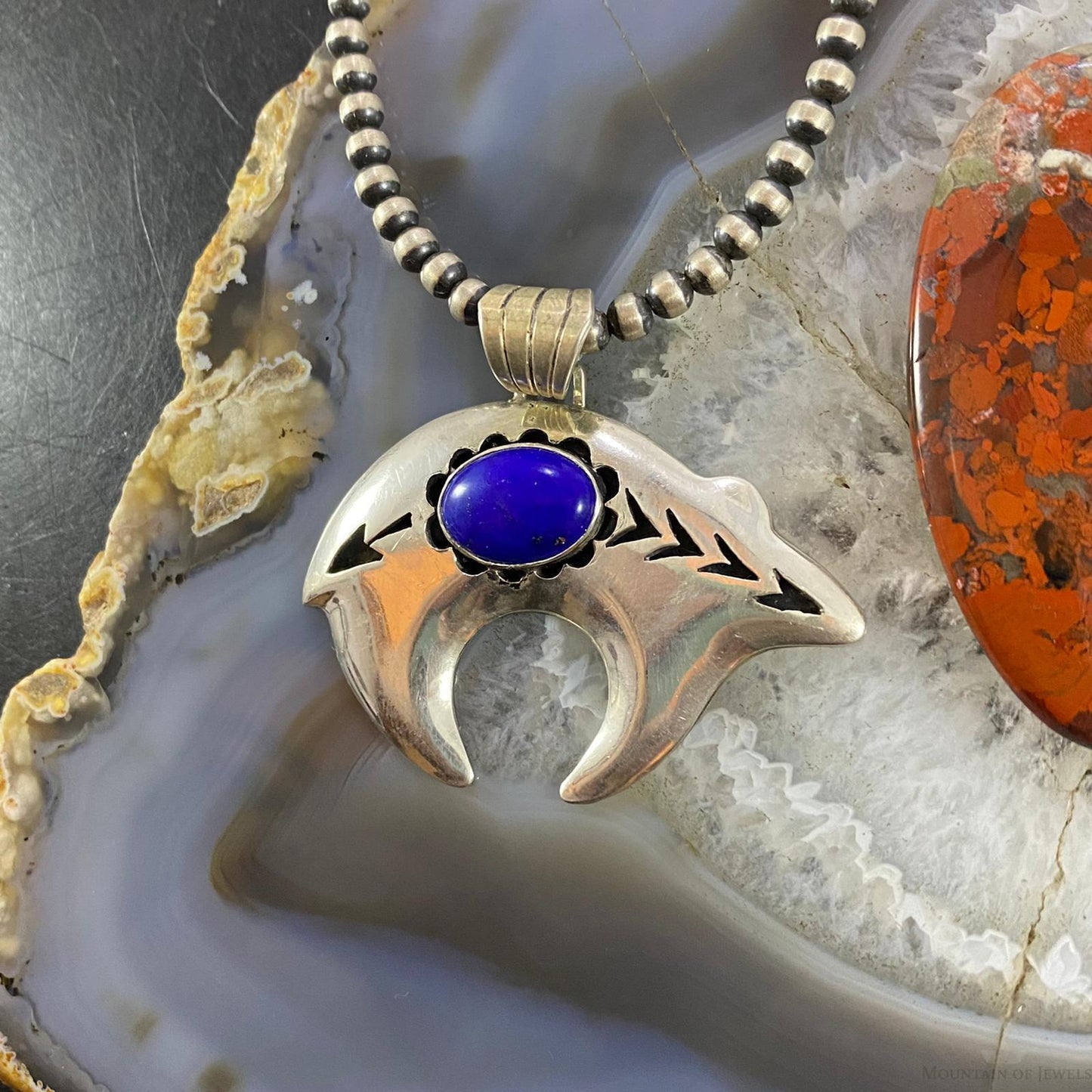 Native American Sterling Silver Fetish Bear with Oval Lapis Pendant For Women