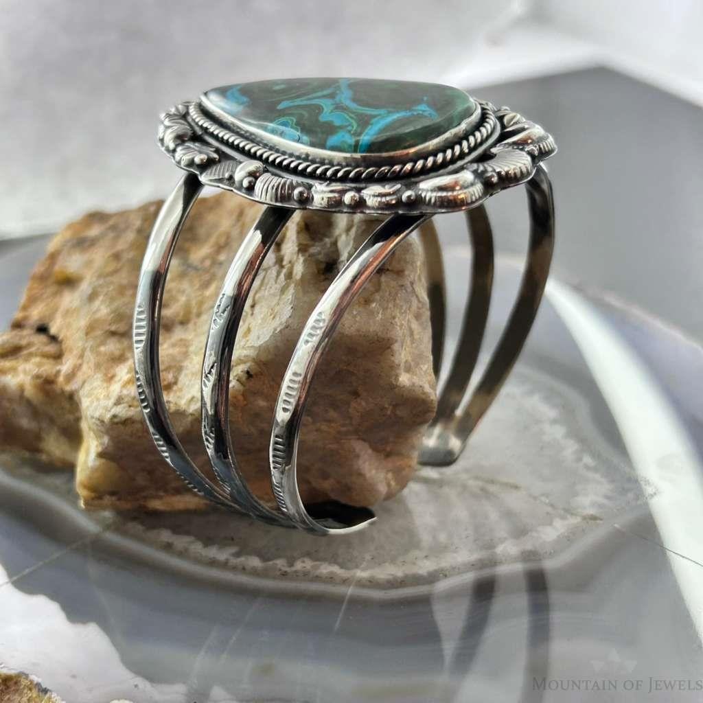 Sterling Silver Southwestern Style Large Teardrop Azurite Malachite Bracelet For Women