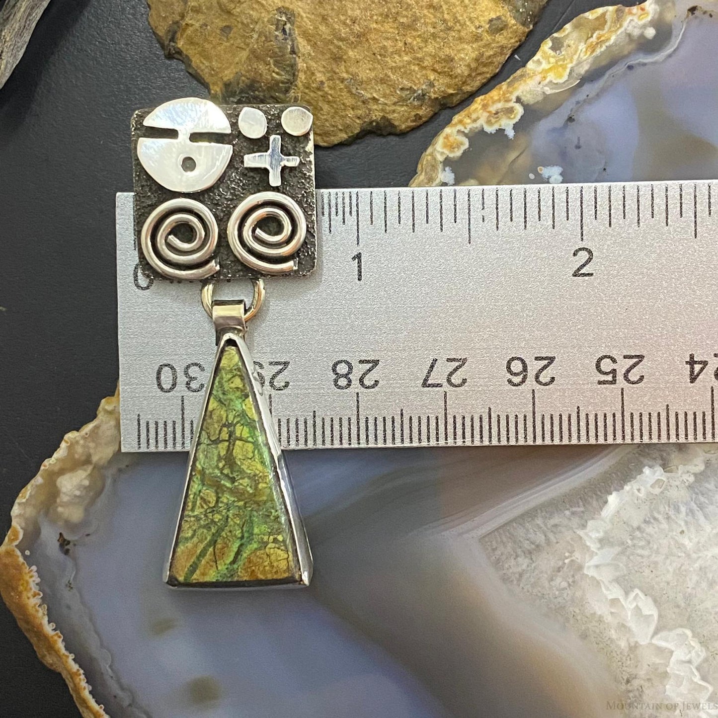 Alex Sanchez Native American Sterling Silver Triangle Green Maligano Petroglyph Dangle Earrings