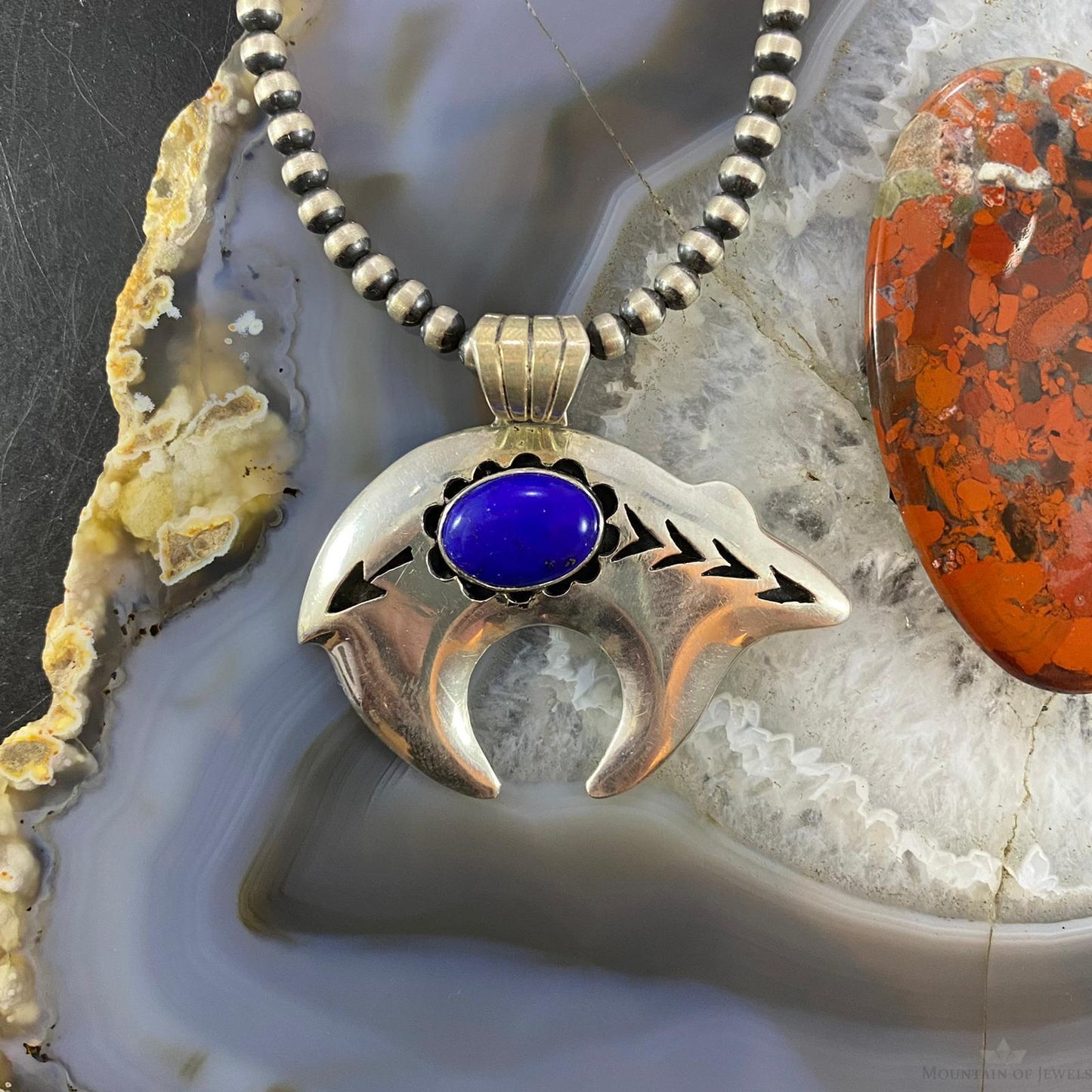 Native American Sterling Silver Fetish Bear with Oval Lapis Pendant For Women