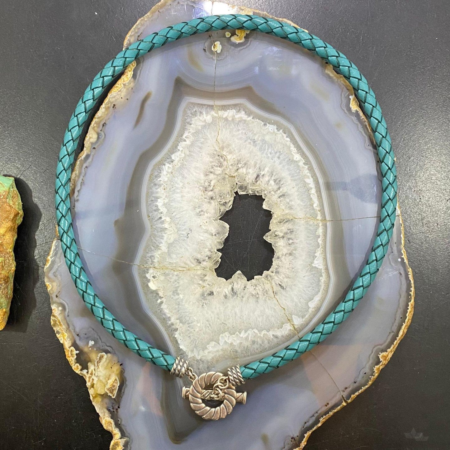 Carolyn Pollack Southwestern Style Sterling Silver Teal Braided Leather Toggle Clasp Necklace