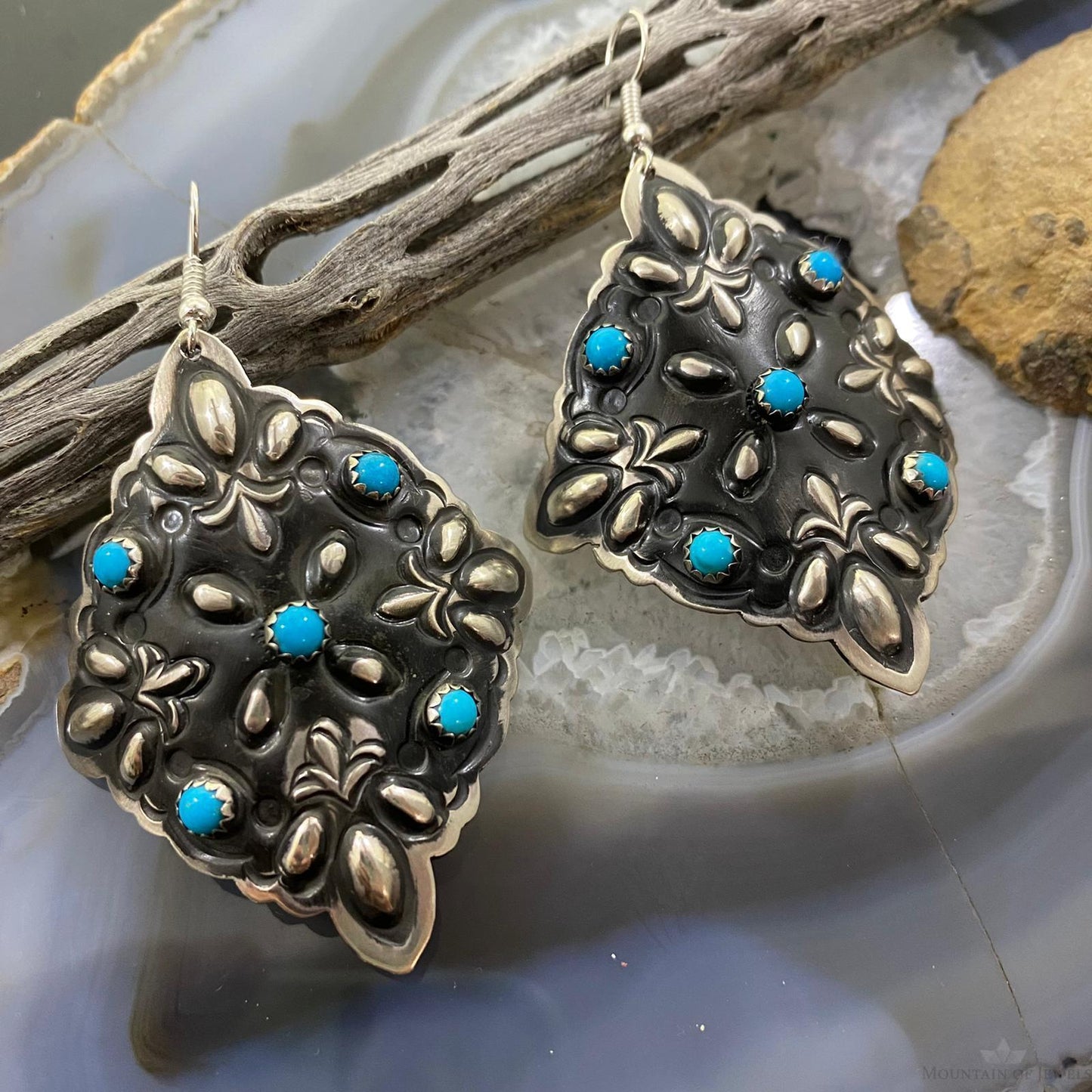 Leander Tahe Sterling Silver Turquoise Floral Repousse Square Concho Earrings