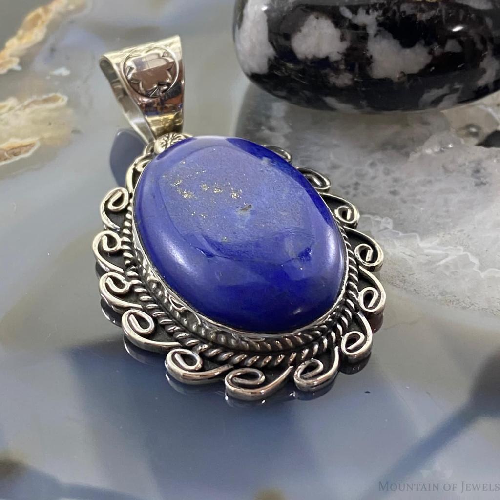 Gilbert Nez Navajo Sterling Silver Oval Decorated Lapis Pendant For Women