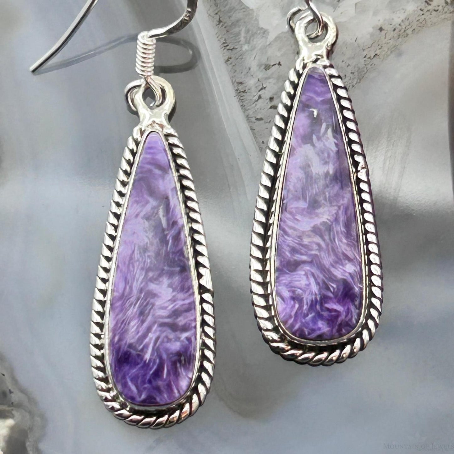 Sterling Silver Southwestern Style Teardrop Charoite Dangle Earrings For Women