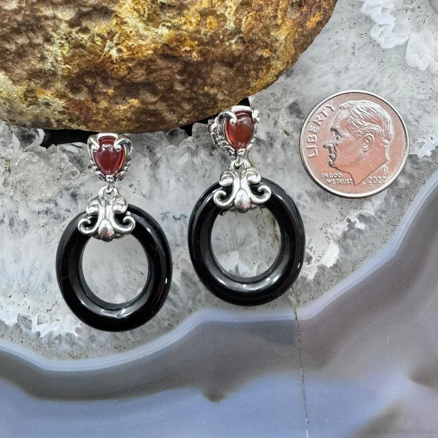 Carolyn Pollack Sterling Silver Onyx Hoop & Carnelian Dangle Earrings For Women