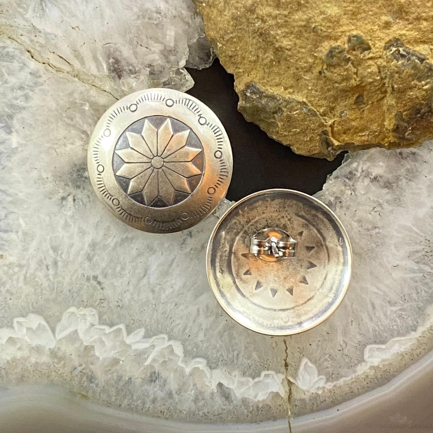 Native American Sterling Round Stamped Floral Concho Stud Earrings For Women
