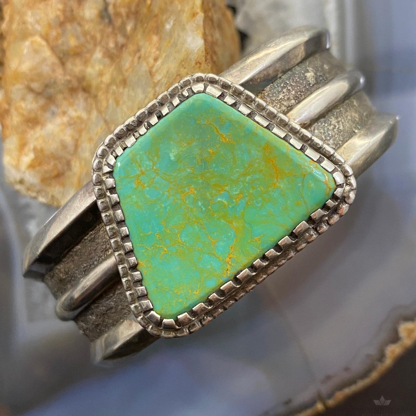 Vintage Native American Silver Trapeze Green Turquoise Solid Unisex Bracelet